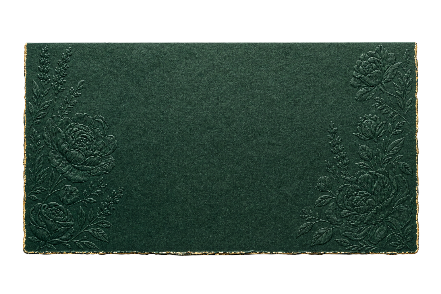 Deep emerald handmade paper wedding envelope with embossed botanical detailing